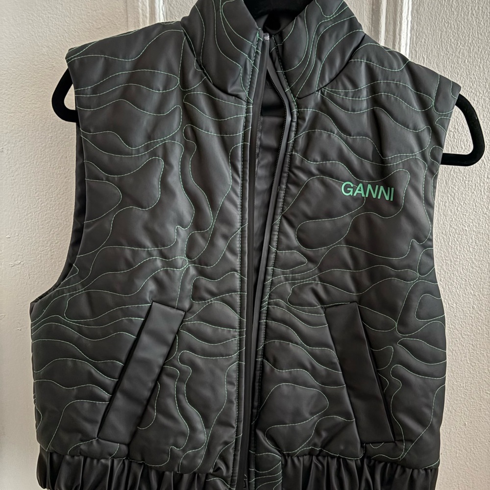 Ganni Black Quilted Puffer Vest with Green Stitching Design